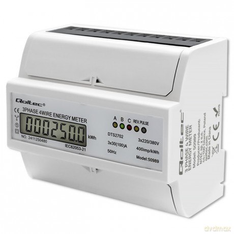 Trójfazowy dwukierunkowy elektroniczny licznik | miernik zużycia energii na szynę DIN | 400V | 100A | LCD | 4P