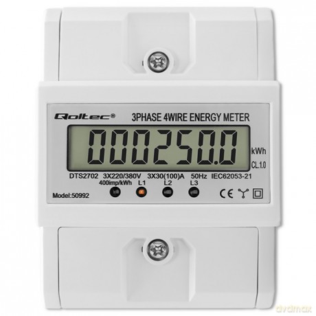 Trójfazowy elektroniczny licznik | miernik zużycia energii na szynę DIN | 400V | 100A | LCD | 4P