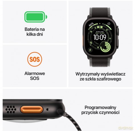 Watch Ultra 3 GPS + Cellular koperta 49 mm z tytanu w kolorze czarnym, opaska Trail w kolorze czarnym/węgla drzewnego - rozmiar S/M