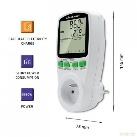 Watomierz Licznik zużycia energii PM0627 z historią pomiaru | 3680W | 16A | LCD