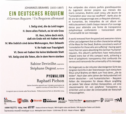 Brahms: Ein Deutsches Requiem Pichon Pygmalion Devieilhe Degout (digipack) [CD]