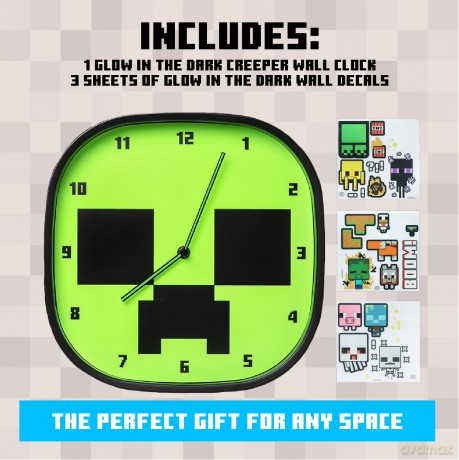 Minecraft Creeper zegar ścienny świecący w ciemności plus zestaw naklejek / Minecraft Creeper Glow In The Dark Wall Clock with set of stickers