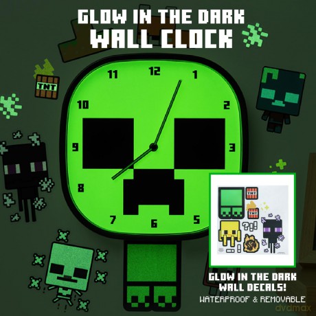 Minecraft Creeper zegar ścienny świecący w ciemności plus zestaw naklejek / Minecraft Creeper Glow In The Dark Wall Clock with set of stickers
