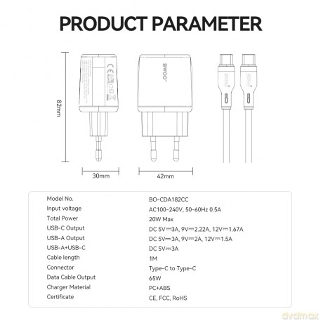 BWOO ładowarka sieciowa CDA182 QC 1x USB-A + 1x USB-C 3,8A 38W z kablem USB-C 1 m biała