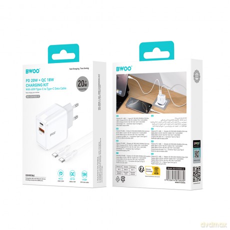 BWOO ładowarka sieciowa CDA182 QC 1x USB-A + 1x USB-C 3,8A 38W z kablem USB-C 1 m biała