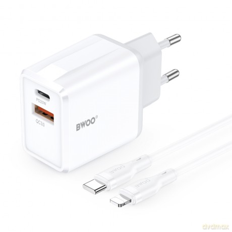 BWOO ładowarka sieciowa CDA182 QC 38W 1x USB-A + 1x USB-C z kablem USB-C-Lightning 1 m biała