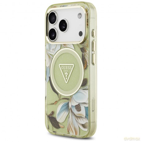 Guess nakładka IML Glitter Flowers Triangle MagSafe do iPhone 17 Pro Max zielona