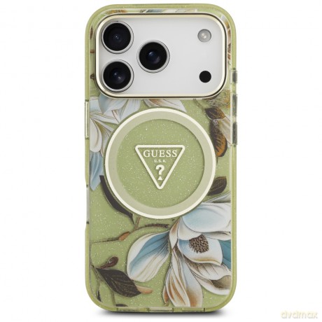 Guess nakładka IML Glitter Flowers Triangle MagSafe do iPhone 17 Pro Max zielona