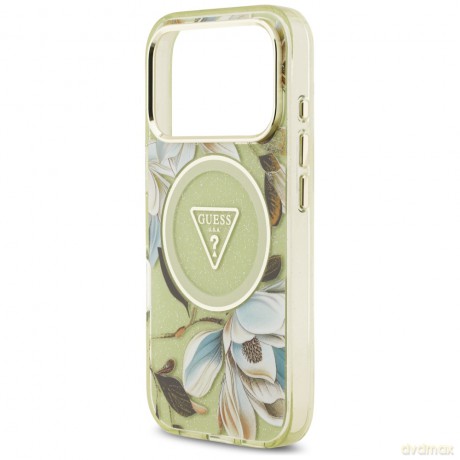Guess nakładka IML Glitter Flowers Triangle MagSafe do iPhone 17 Pro Max zielona