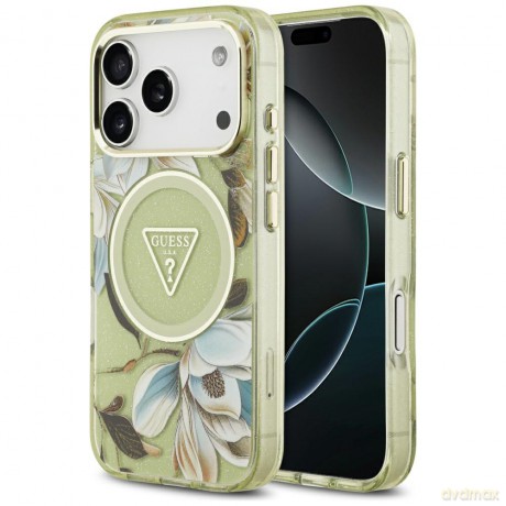 Guess nakładka IML Glitter Flowers Triangle MagSafe do iPhone 17 Pro zielona