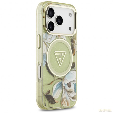 Guess nakładka IML Glitter Flowers Triangle MagSafe do iPhone 17 Pro zielona