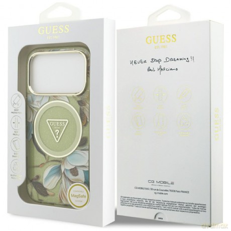 Guess nakładka IML Glitter Flowers Triangle MagSafe do iPhone 17 Pro zielona