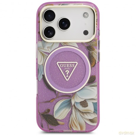 Guess Nakładka Magsafe IML Case Glitter Flowers And Triangle With Metal Camera Frame And Buttons Do iPhone 17 Pro Fioletowa