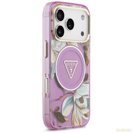 Guess Nakładka Magsafe IML Case Glitter Flowers And Triangle With Metal Camera Frame And Buttons Do iPhone 17 Pro Fioletowa