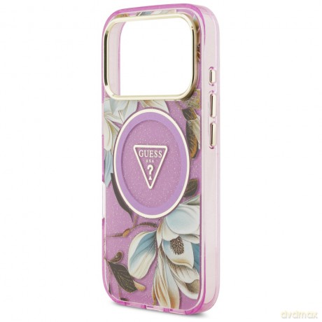 Guess Nakładka Magsafe IML Case Glitter Flowers And Triangle With Metal Camera Frame And Buttons Do iPhone 17 Pro Fioletowa