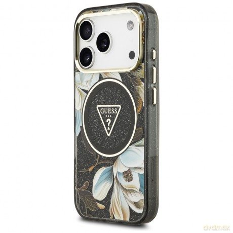 Guess Nakładka Magsafe IML Case Glitter Flowers And Triangle With Metal Camera Frame And Buttons Do iPhone 17 Pro Max Czarna