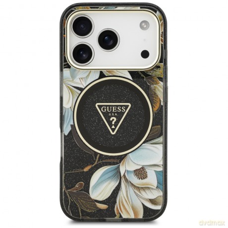 Guess Nakładka Magsafe IML Case Glitter Flowers And Triangle With Metal Camera Frame And Buttons Do iPhone 17 Pro Max Czarna