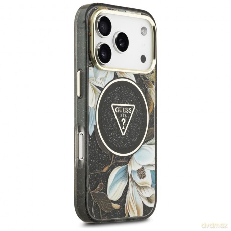 Guess Nakładka Magsafe IML Case Glitter Flowers And Triangle With Metal Camera Frame And Buttons Do iPhone 17 Pro Max Czarna