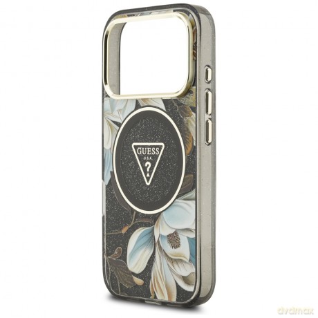 Guess Nakładka Magsafe IML Case Glitter Flowers And Triangle With Metal Camera Frame And Buttons Do iPhone 17 Pro Max Czarna