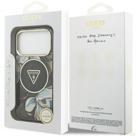Guess Nakładka Magsafe IML Case Glitter Flowers And Triangle With Metal Camera Frame And Buttons Do iPhone 17 Pro Max Czarna