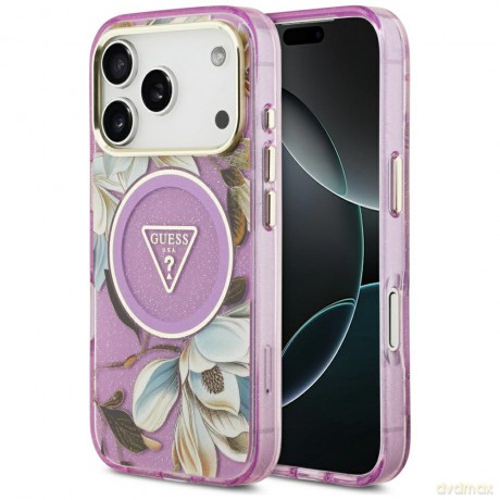 Guess Nakładka Magsafe IML Case Glitter Flowers And Triangle With Metal Camera Frame And Buttons Do iPhone 17 Pro Max Fioletowa