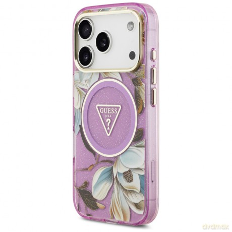 Guess Nakładka Magsafe IML Case Glitter Flowers And Triangle With Metal Camera Frame And Buttons Do iPhone 17 Pro Max Fioletowa
