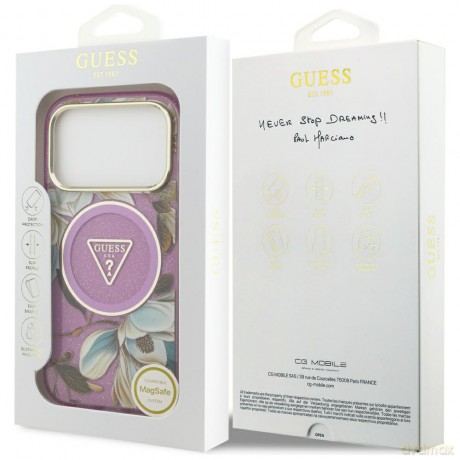 Guess Nakładka Magsafe IML Case Glitter Flowers And Triangle With Metal Camera Frame And Buttons Do iPhone 17 Pro Max Fioletowa
