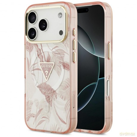 Guess Nakładka Magsafe Pc TPU Case Jungle Tonal Pattern With Printed Logo Triangle And Metal Camera Frame Do iPhone 17 Pro Różowa