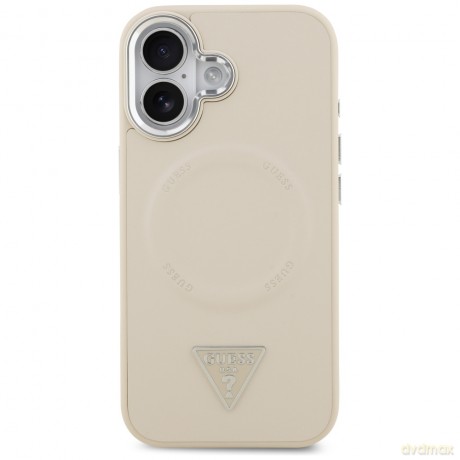 Guess Nakładka Magsafe PU Leather Case With Triangle Logo Silver Metal Camera Frame Do iPhone 17 Beżowa