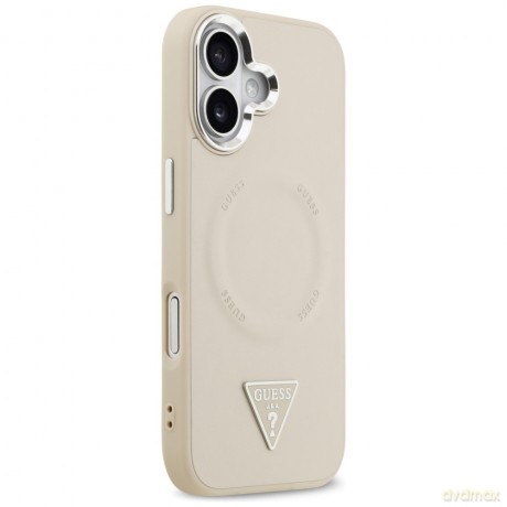 Guess Nakładka Magsafe PU Leather Case With Triangle Logo Silver Metal Camera Frame Do iPhone 17 Beżowa