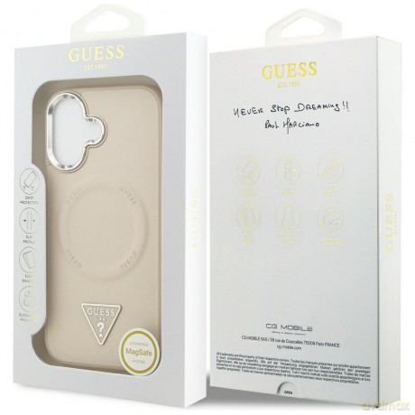 Guess Nakładka Magsafe PU Leather Case With Triangle Logo Silver Metal Camera Frame Do iPhone 17 Beżowa