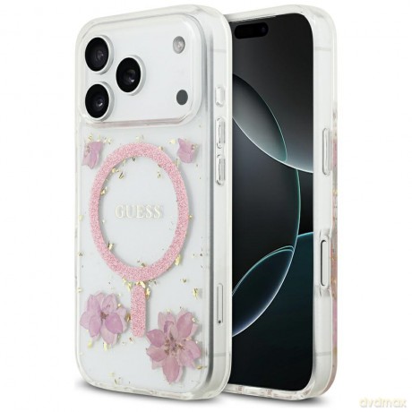 Guess nakładka Resin Flowers Glitter MagSafe do iPhone 17 Pro różowa