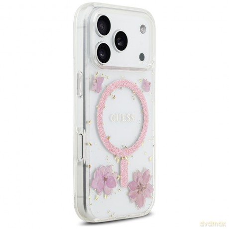 Guess nakładka Resin Flowers Glitter MagSafe do iPhone 17 Pro różowa