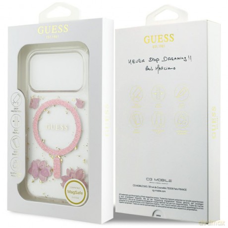 Guess nakładka Resin Flowers Glitter MagSafe do iPhone 17 Pro różowa