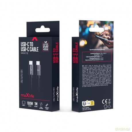 Maxlife kabel MXUC-12 USB-C - USB-C 1,0 m 100W czarny