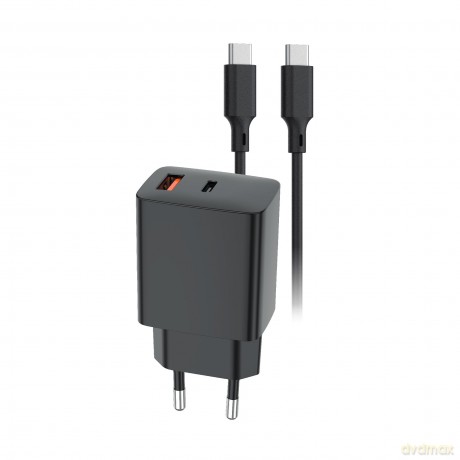 Setty ładowarka sieciowa USB-A + USB-C PD/QC 30W czarna + kabel USB-C 1m RLSK-AC-01 czarna