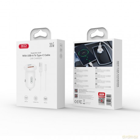 XO ładowarka samochodowa CC69 PD 30W QC 1x USB 1x USB-C biała + kabel USB - USB-C