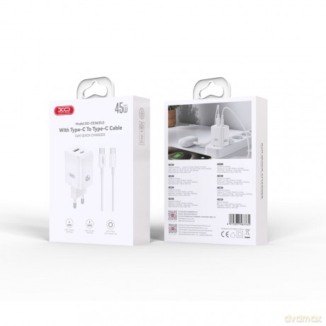 XO ładowarka sieciowa CE36 PD 45W 1x USB-C 1x USB biała + kabel USB-C - USB-C