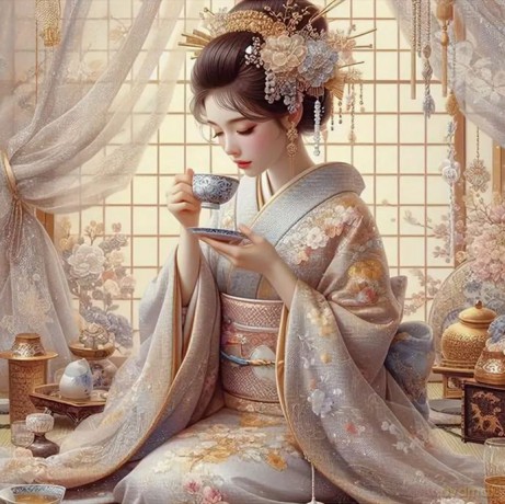 Diamentowa Mozaika Kobieta Japonka sztuka picia herbaty NO-2001748