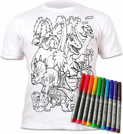 Koszulka do Malowania DINOZAURY T-shirt + 10 zmywalne markery 9-11 lat