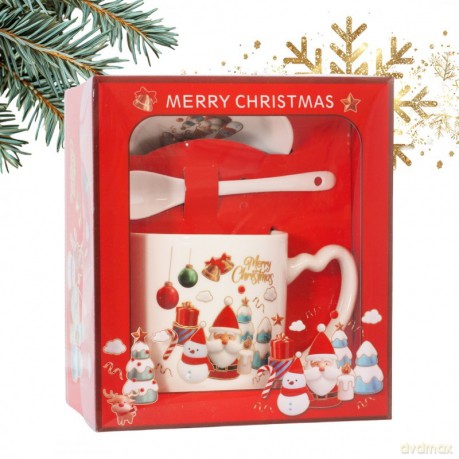ECARLA Kubek ceramiczny świąteczny Boże Narodzenie w zestawie ze spodkiem i łyżeczką 400 ml KB20WZ1