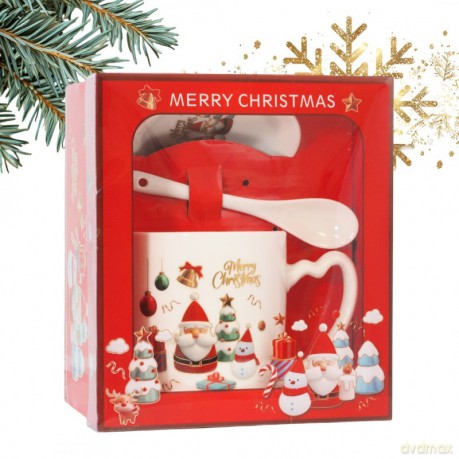 ECARLA Kubek ceramiczny świąteczny Boże Narodzenie w zestawie ze spodkiem i łyżeczką 400 ml KB20WZ3