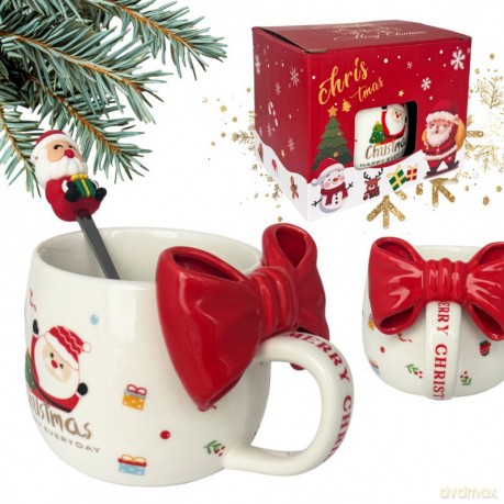 ECARLA Kubek ceramiczny świąteczny z kokardą czerwoną 400 ml Zestaw w pudełku z łyżeczką KB25CZE