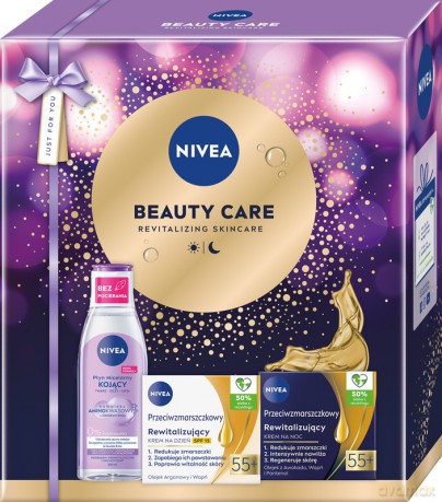 NIVEA Zestaw prezentowy damski Beauty Care (Płyn micelarny 200ml + Krem na dzień 55+ 50ml + Krem na noc 55+ 50ml)