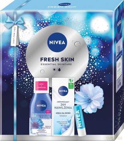 NIVEA Zestaw prezentowy damski Fresh Skin (Krem na dzień 50ml + Płyn do demakijażu oczu 125ml + Pielęgnująca pomadka do ust)