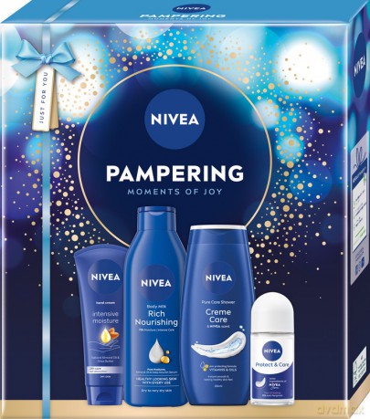 NIVEA Zestaw prezentowy damski Pampering (Krem do rąk 100ml + Żel pod prysznic 250ml + Antyperspirant roll-on 50ml + Mleczko do ciała 250ml)