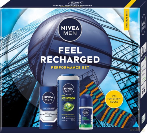 NIVEA Zestaw prezentowy męski Feel recharged (Antyperspirant roll-on 50ml + Krem do twarzy 75ml + Żel pod prysznic 250ml + skarpetki)