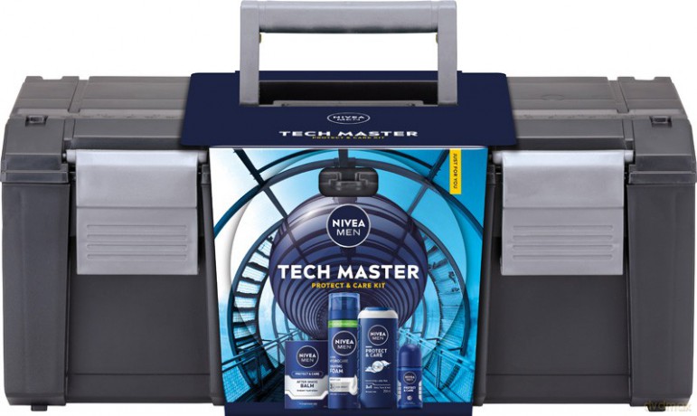 NIVEA Zestaw prezentowy męski Tech Master (Antyperspirant roll-on 50ml + Żel pod prysznic 250ml + Pianka do golenia 200ml + Balsam po goleniu 100ml +toolbox)