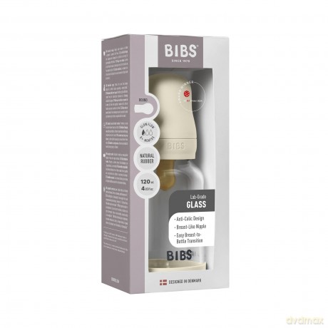 BIBS - Glass Baby Bottle Round Latex Slow Flow - Ivory - 120 ml