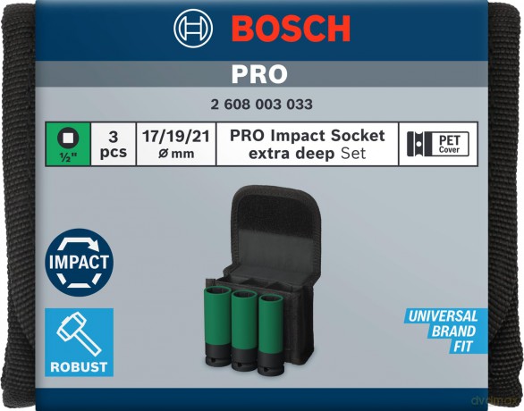 Bosch PRO Impact Socket Set, PET Covers, 1/2, Extra-Deep, 3 pcs (2608003033)